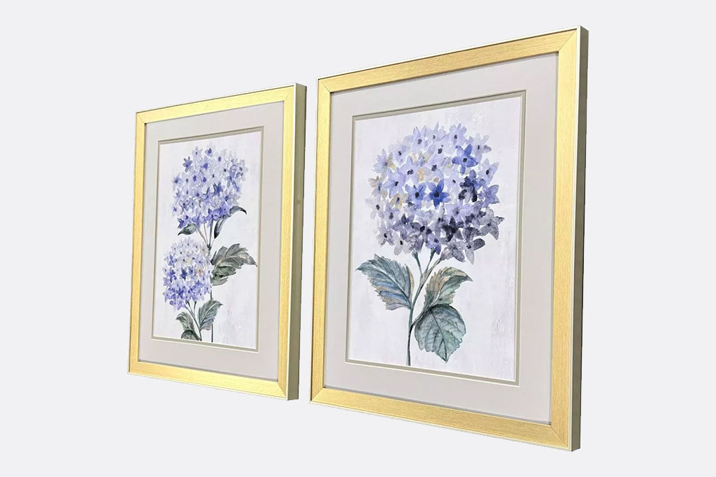 angled side view of Hydrangea prints are double matted with a neutral top mat and pewter. Framed in a modern gold finish moulding with champagne side and lip.