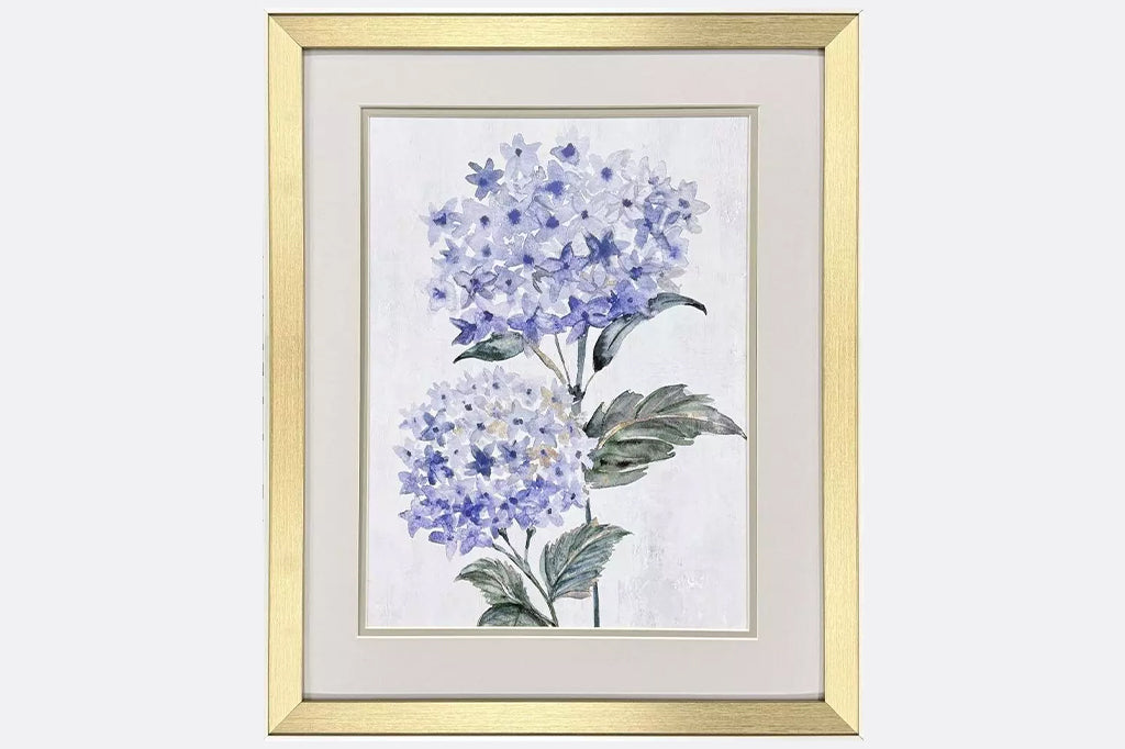 Hydrangea prints are double matted with a neutral top mat and pewter. Framed in a modern gold finish moulding with champagne side and lip.