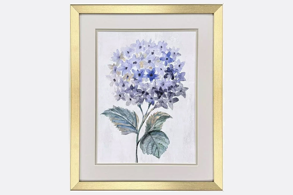 Hydrangea prints are double matted with a neutral top mat and pewter. Framed in a modern gold finish moulding with champagne side and lip.