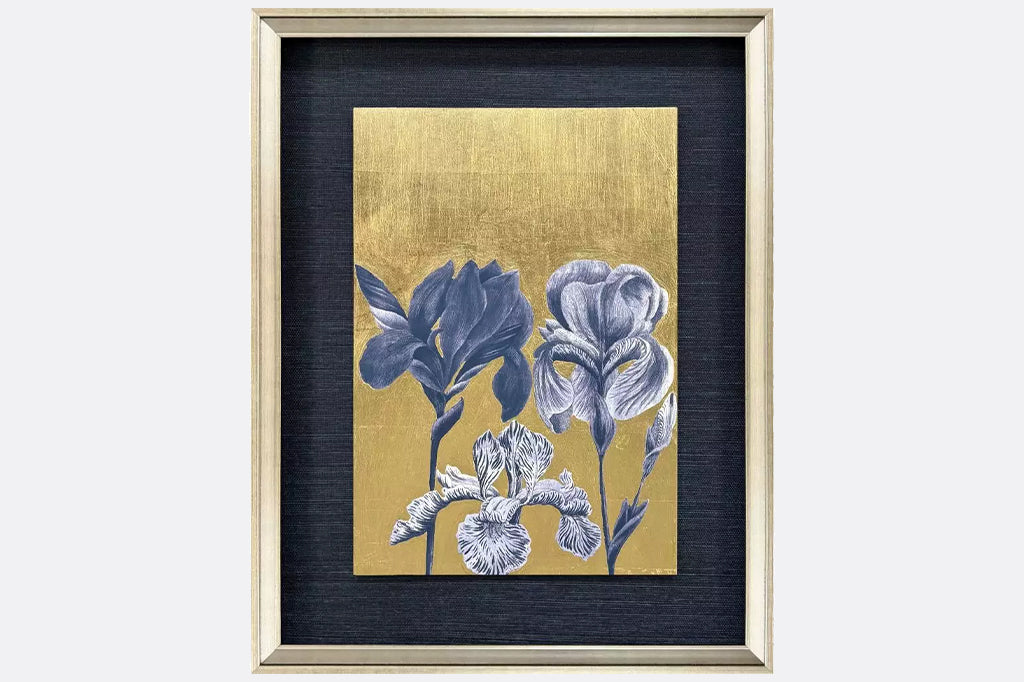 Giclee with hand applied gold leaf. Matted and framed in a silver leaf wood shadow box moulding with gold wash edging and black side.
