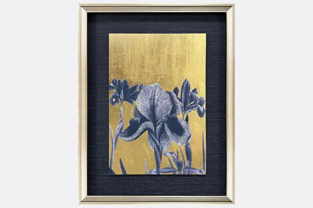 Giclee with hand applied gold leaf. Matted and framed in a silver leaf wood shadow box moulding with gold wash edging and black side.
