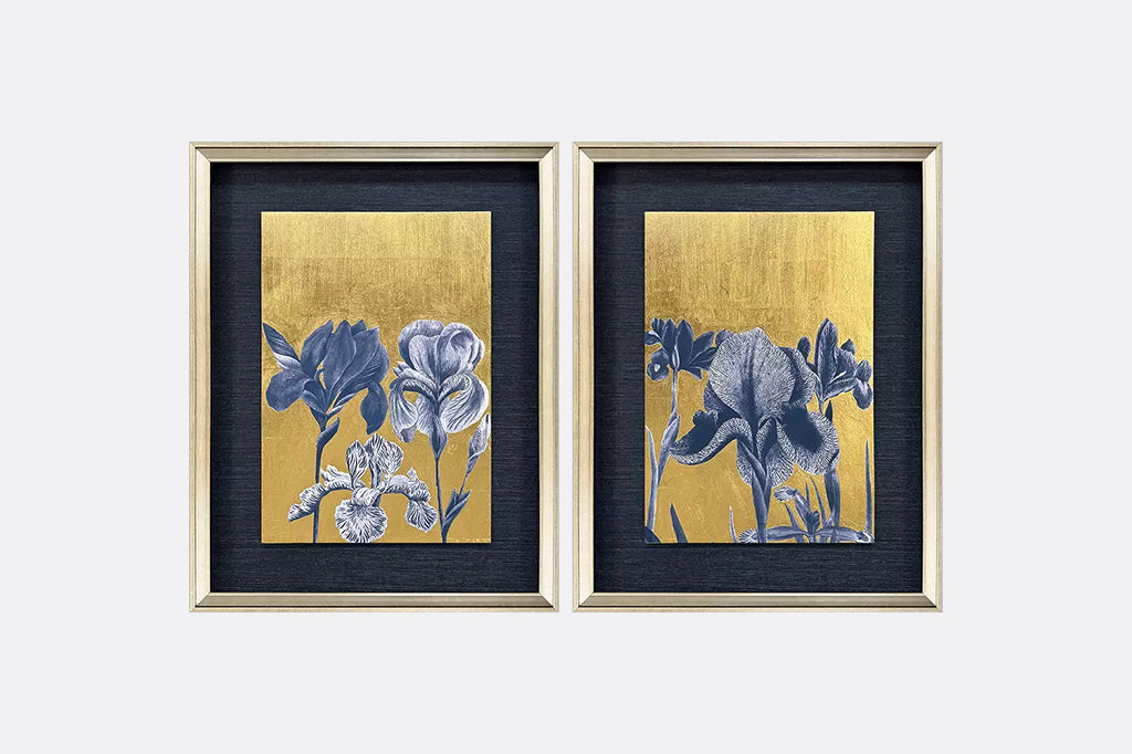 Giclee with hand applied gold leaf. Matted and framed in a silver leaf wood shadow box moulding with gold wash edging and black side.