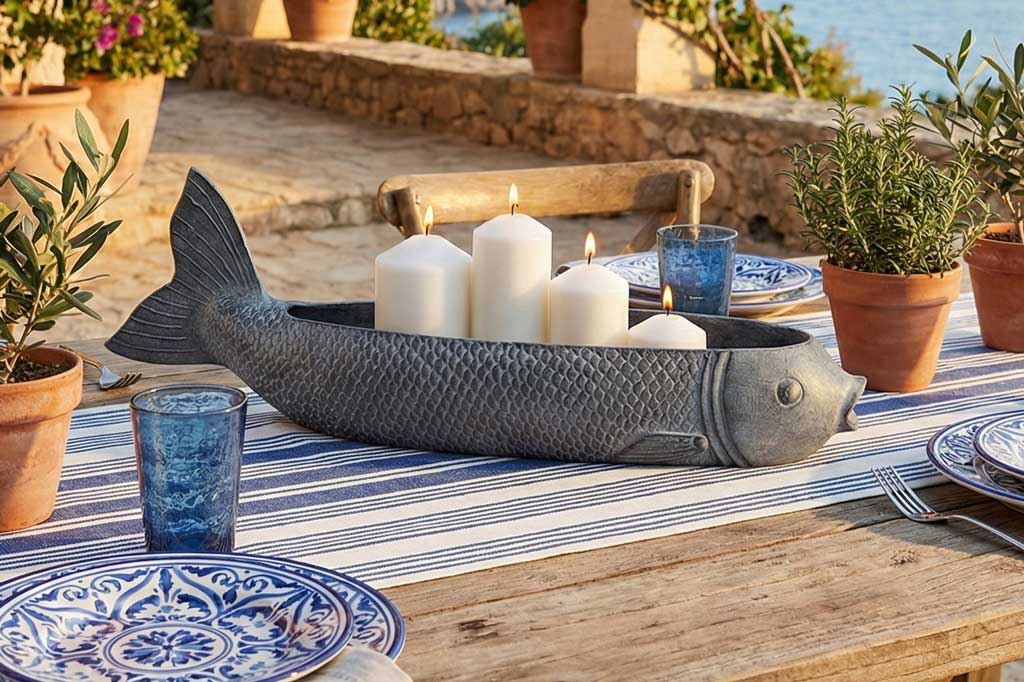 Decorative fish-shaped metal trough with candles on a table outdoors