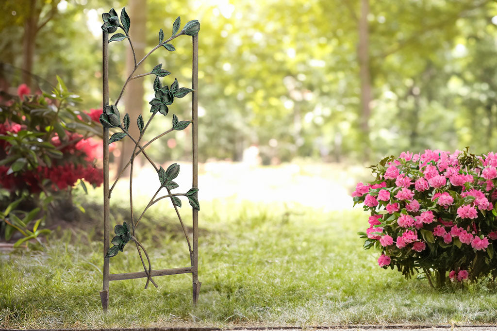 Magnolias Trellis Tall is shown in a garden setting with blooming azelea bushes