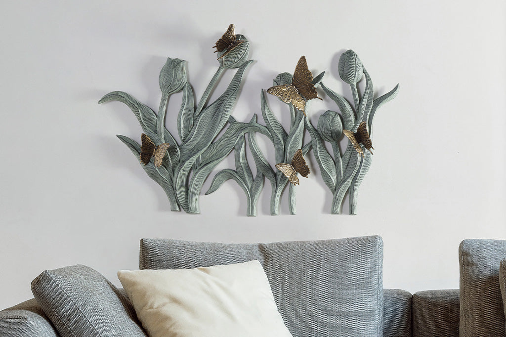 tulip wall sculpture shown above couch