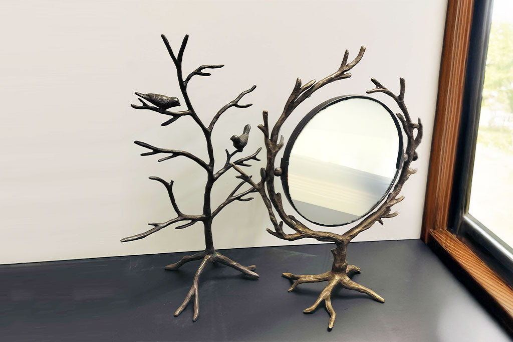 tree and branch theme for a two-sided vanity mirror- shown with coordinating jewelry tree