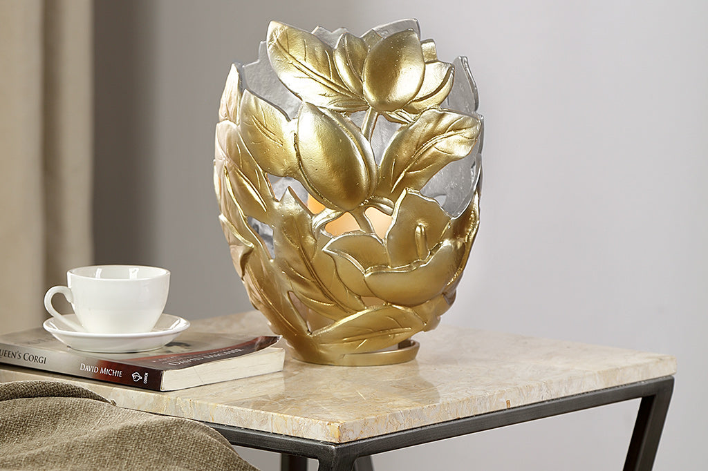 golden floral candle holder, large, holds pillar candles of 3"DIA - motif of magnolia blossoms