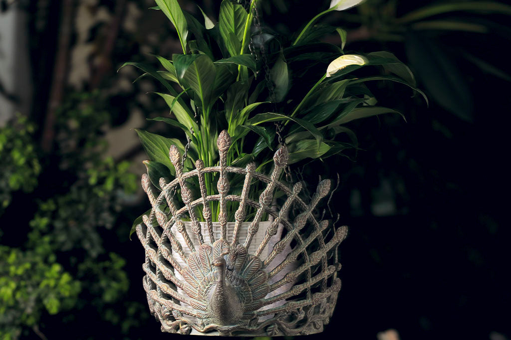 cast metal hanging pot holder with two peacocks in full relief sculpting with outspread feathers