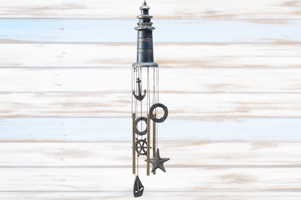 lighthouse wind chime; nautical theme hanging pendants: life ring, anchor, sailboat, ship wheel, seastar