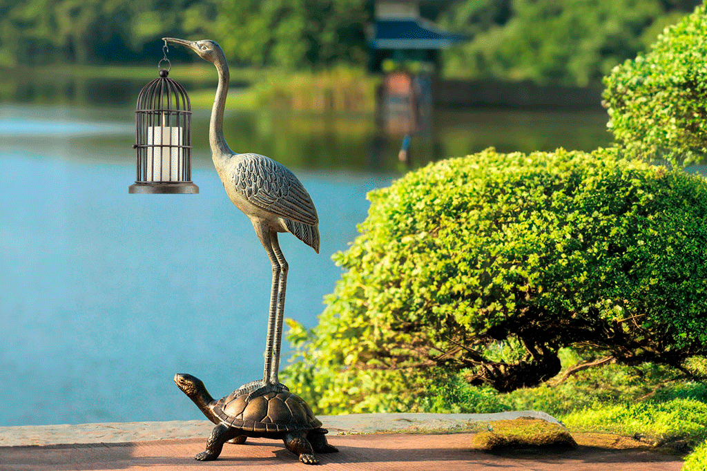 crane and turtle large sculpture; animation to show crane holding candle lantern or origami metal pendant art