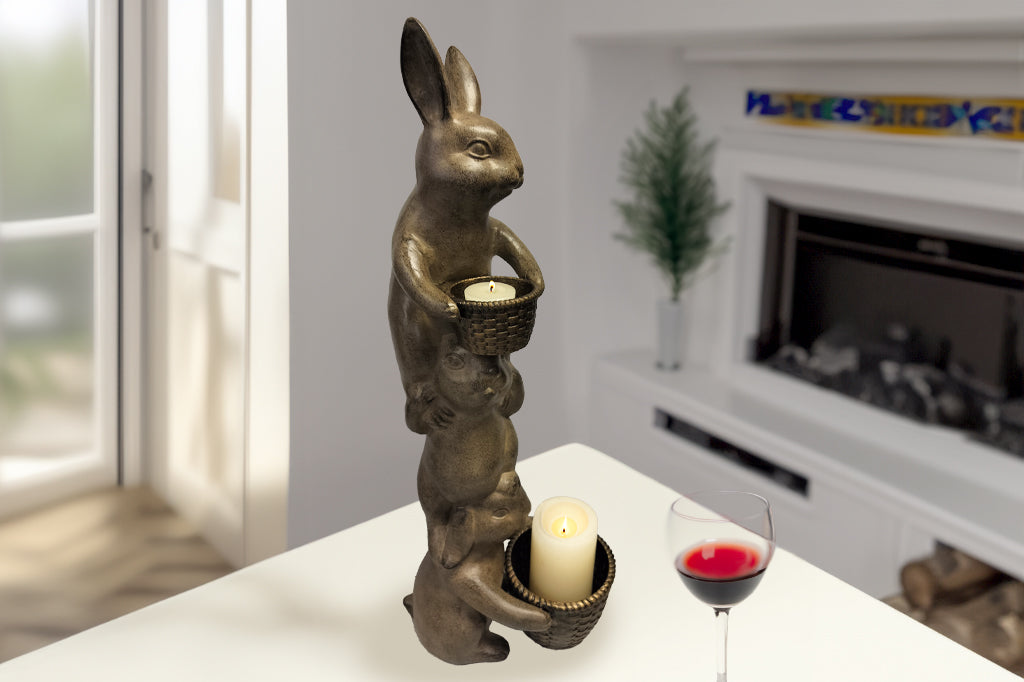 bunny sculpture holding candles used in a kitchen setting