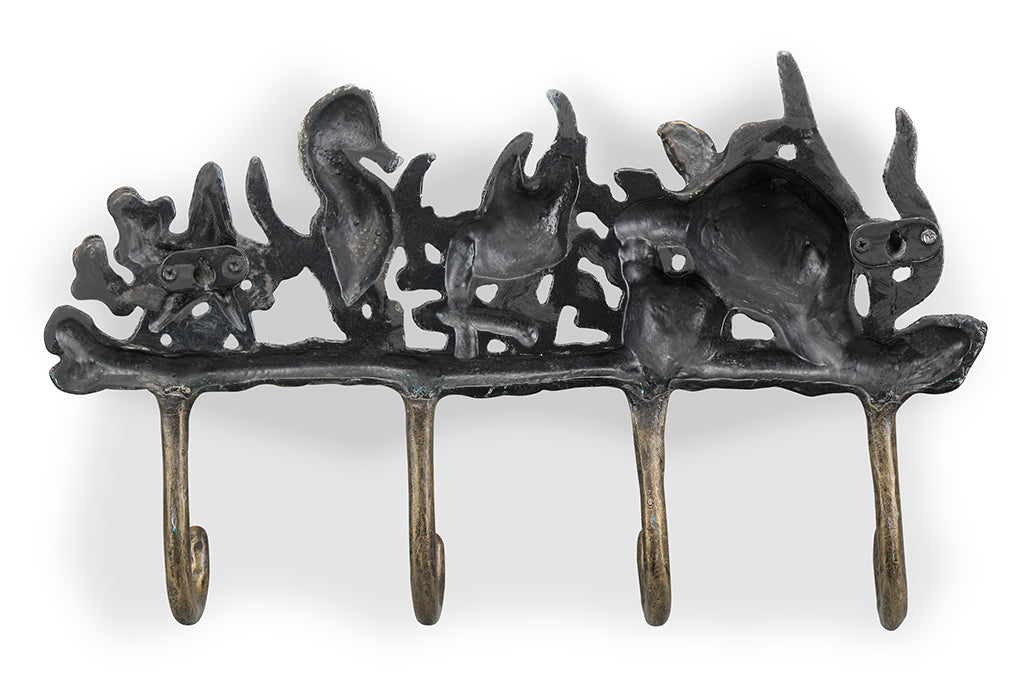 Metal wall hook featuring sea turtle, fish, seahorse, and starfish, back view. Display two wall mounting hooks