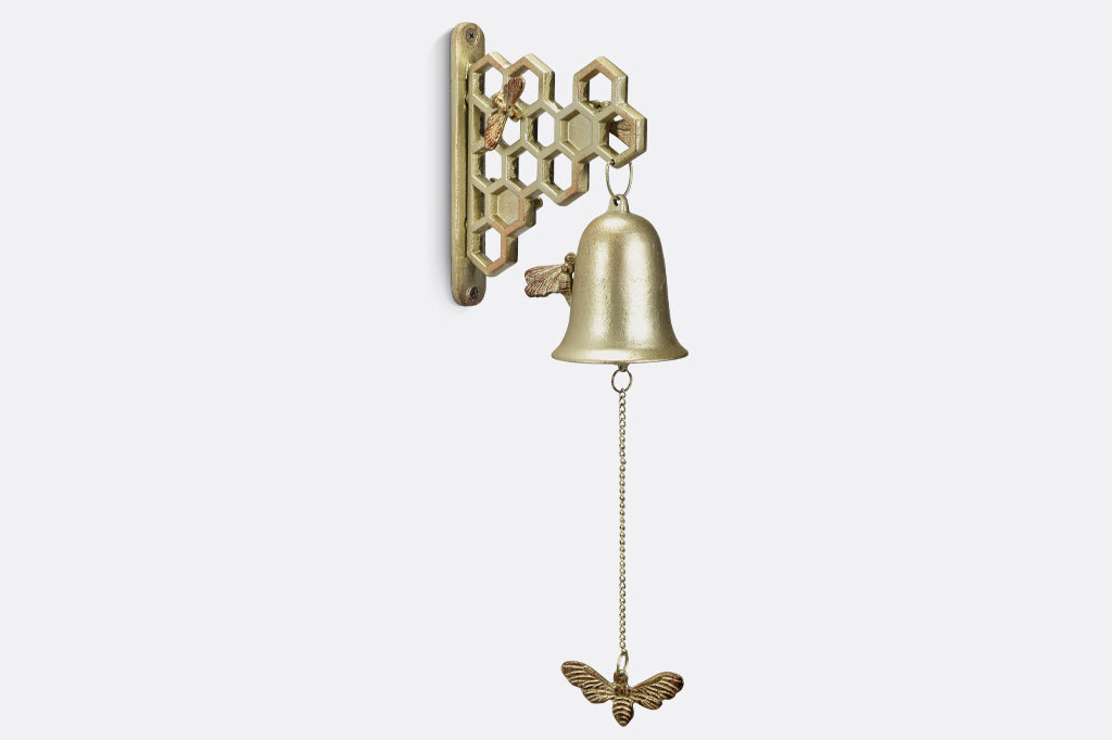 Metal honeycomb and bee, mounted garden bell