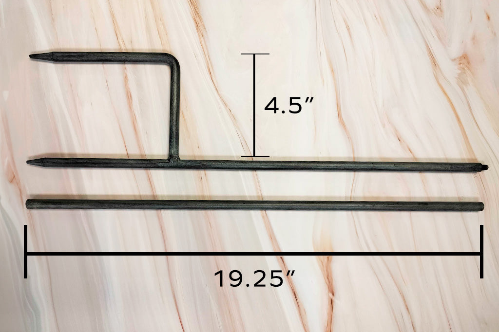 dimensions of welcome sign stakes show 4.5" apart base stake with 19.25" long pole stake