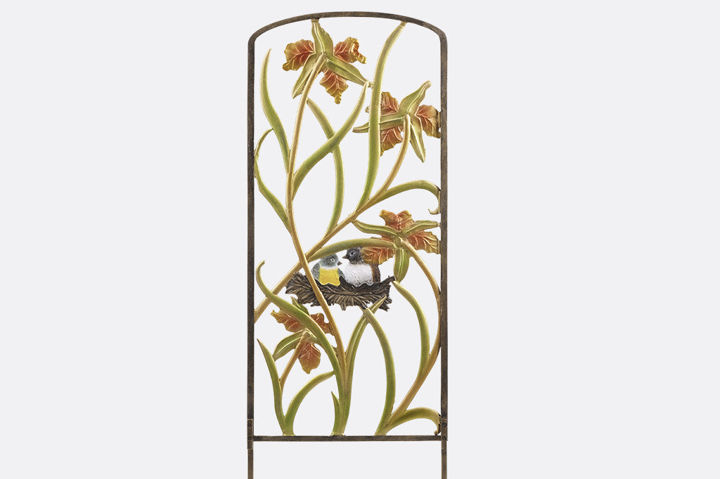 Amongst The Lilies Garden Trellis features shimmery pastel finish and a nest with 2 birds