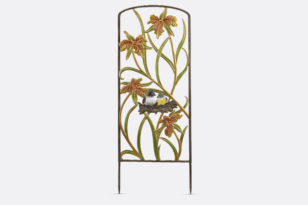 Amongst The Lilies Garden Trellis features shimmery pastel finish and a nest with 2 birds