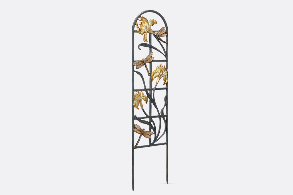 Dragonfly and Iris Metal 8" wide planter trellis, side view
