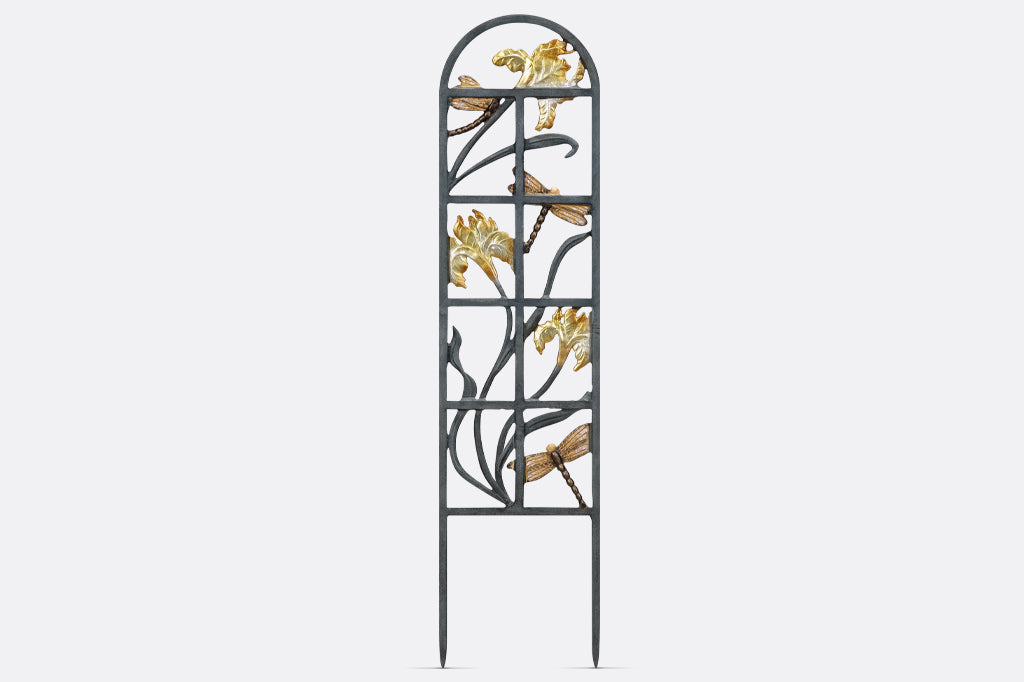 Dragonfly and Iris Metal 8"W planter trellis, back view