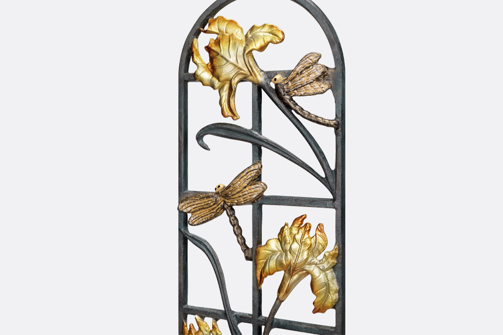 Dragonfly and Iris Metal garden trellis, white and gold highlights