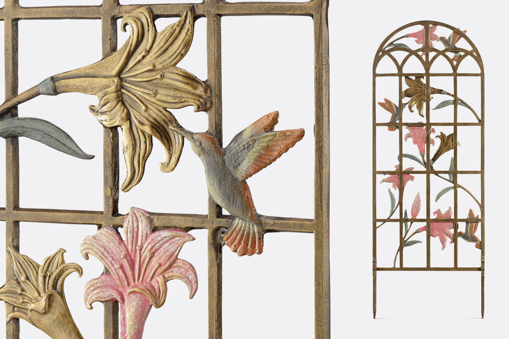 arched trellis featuring pink and gold lilies with sculpted hummingbirds at 3 blossoms. Back view and close-up detail shown