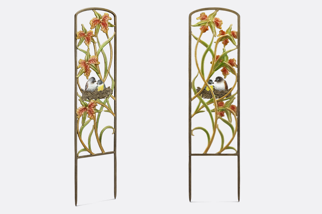 side and back views of cast metal planter trellis with two birds in birds nest
