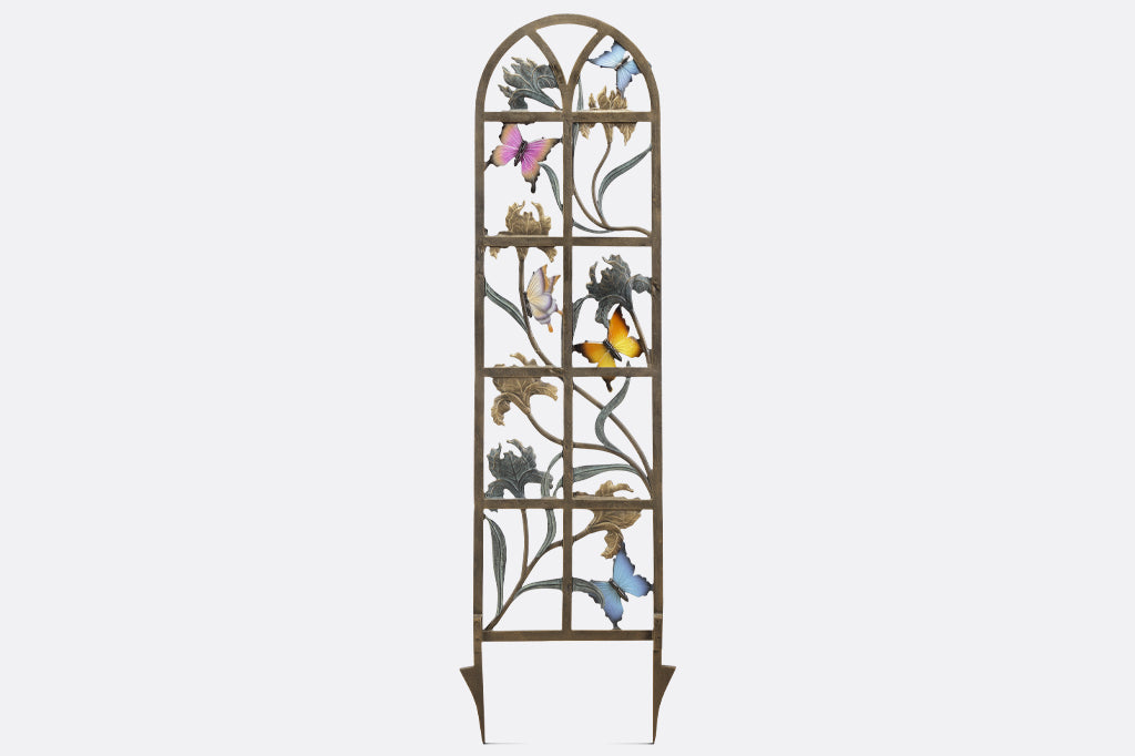 back view of garden trellis, see paneling and the dual colors of the fluttering butterflies
