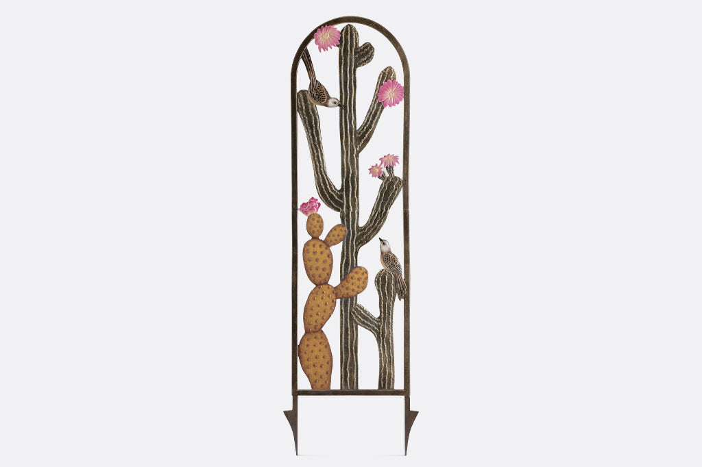 Cast metal trellis with cactus and blooms detailing