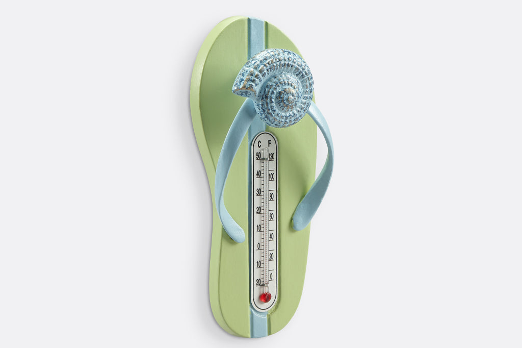 side view of green and blue flip flop shaped wall hook and thermometer #color_aquamarine