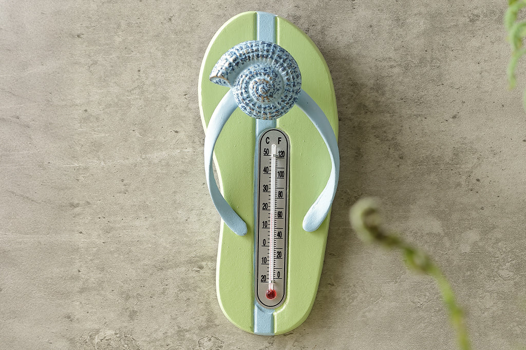 light green and blue shell flip flop wall hook and thermometer #color_aquamarine