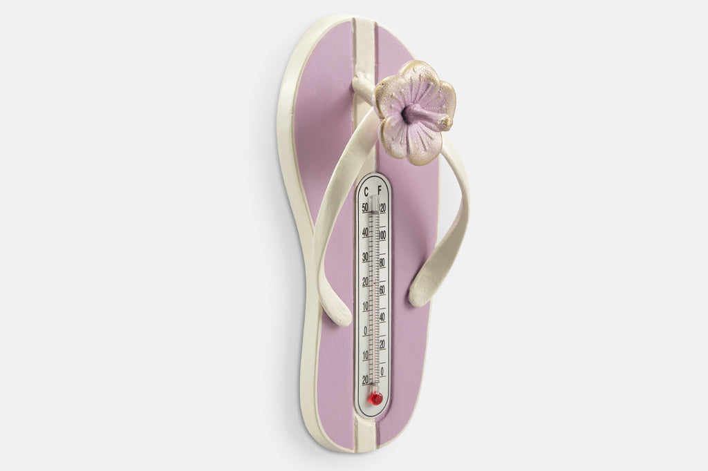 pink plum blossom wall thermometer in shape of flip flop with blossom detailing #color_plum