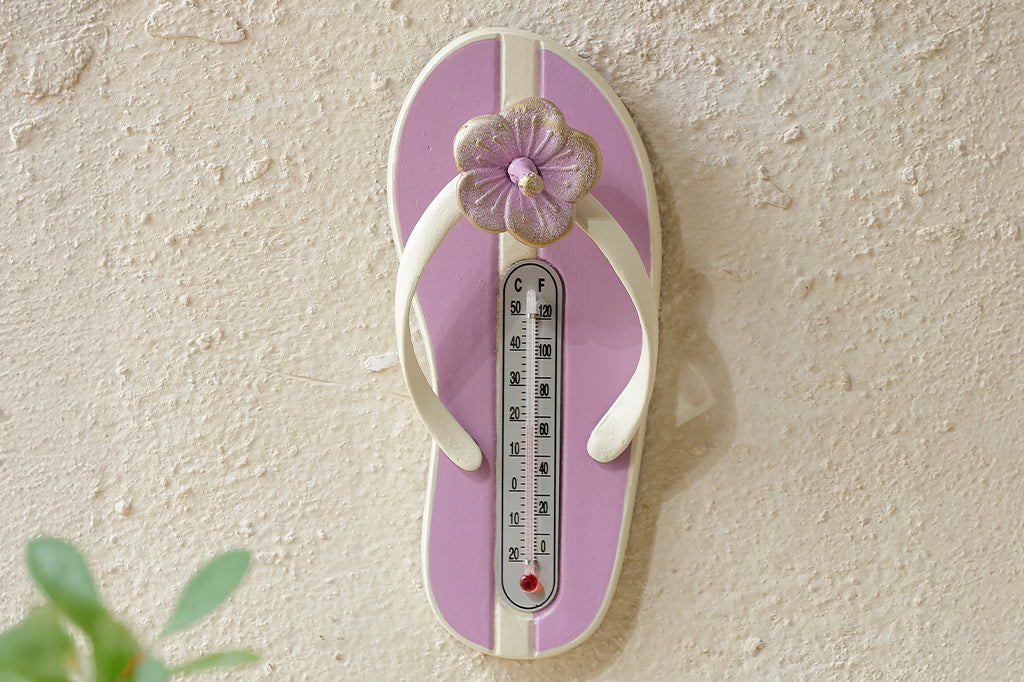 pink plum blossom wall thermometer in shape of flip flop with blossom detailing #color_plum