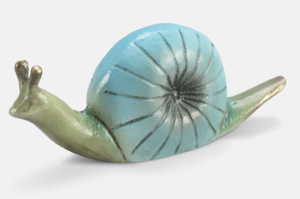 light blue garden snail sculpture