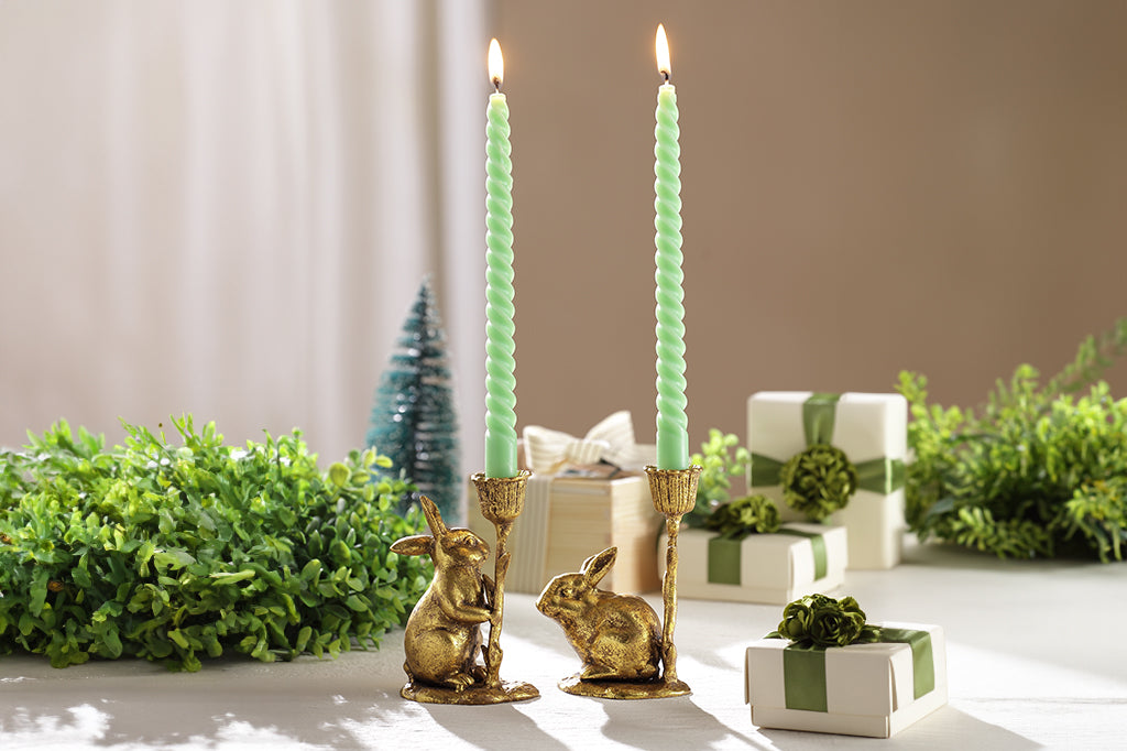 cast metal bunny candleholder in gold, set of two