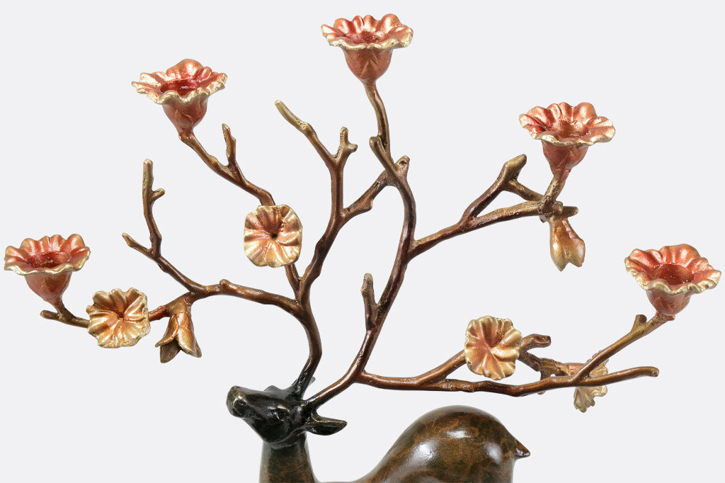 Cast Metal whimsical deer and flora candleholder