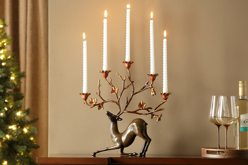 Cast Metal whimsical deer and flora candleholder