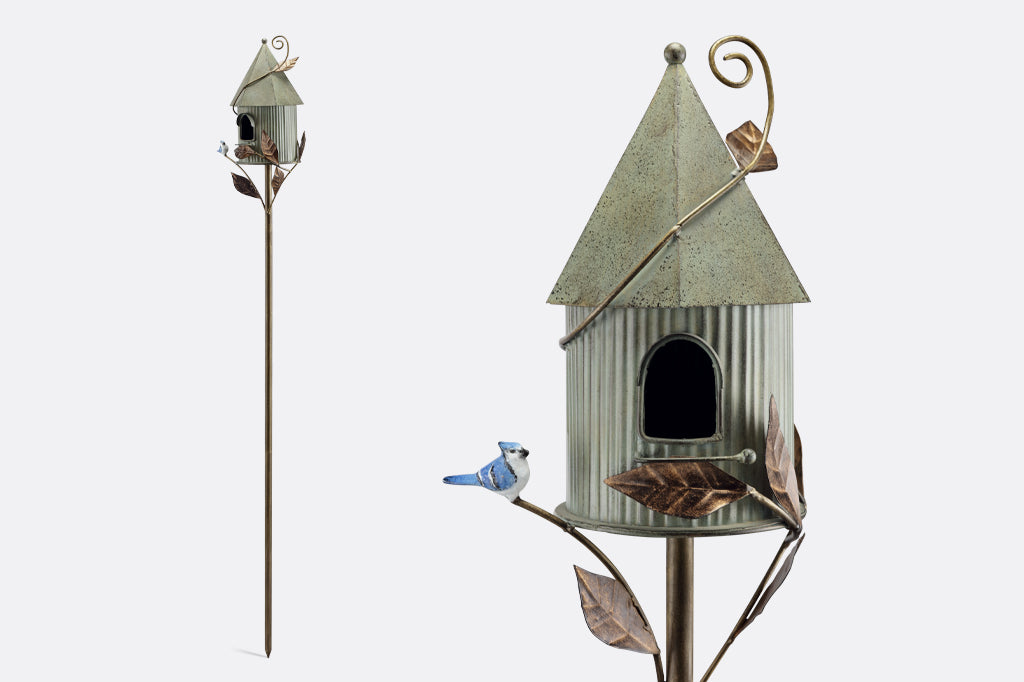 cast metal birdhouse with blue jay detailing, cottage fairy tale style home