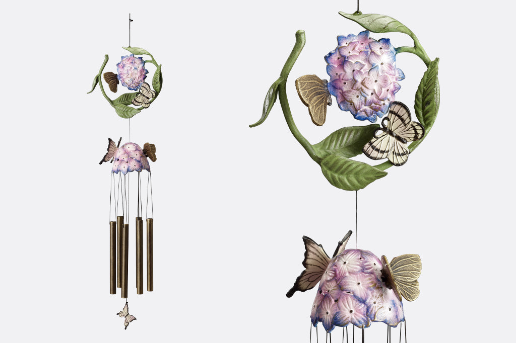 cast metal hydrangea windchime with butterflies and chimes