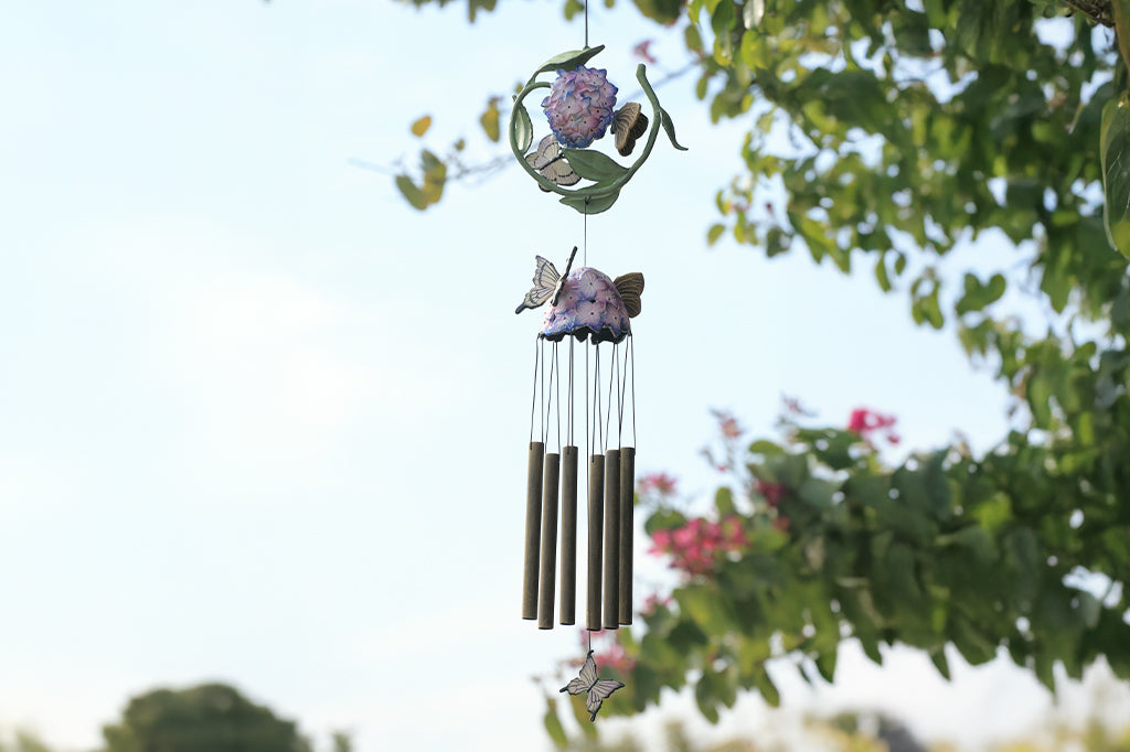 cast metal hydrangea windchime with butterflies and chimes