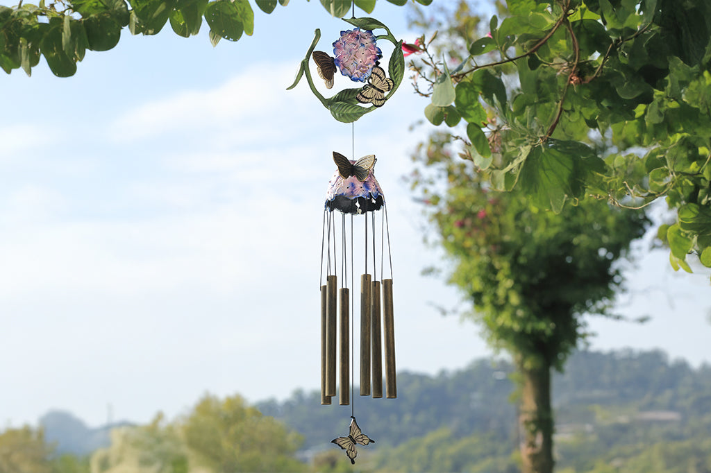 cast metal hydrangea windchime with butterflies and chimes