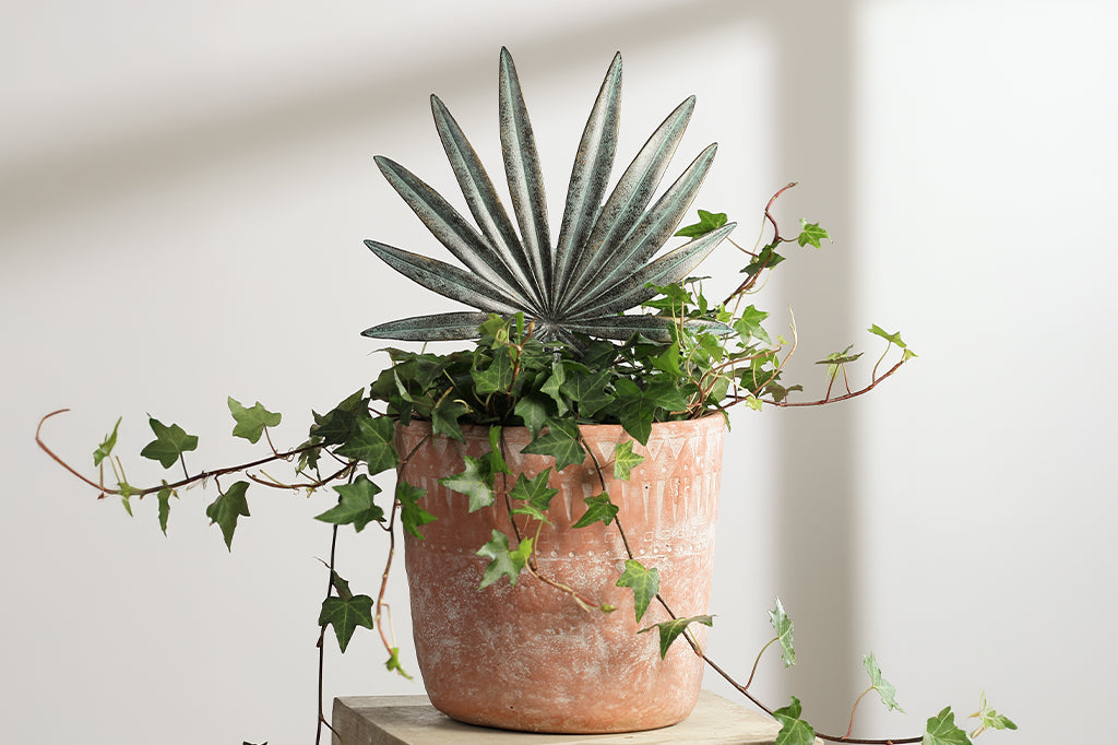 cast metal spiky palm pot trellis in pot of ivy