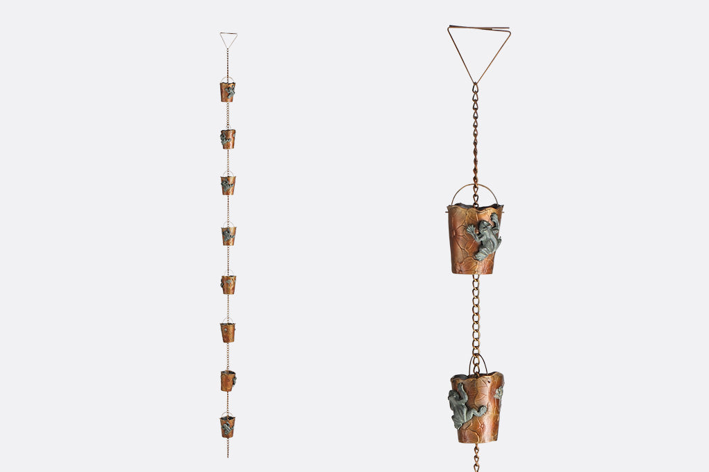 Crafted with 8 detachable rain cups, this chain guides water from gutters to the ground with a charming frog and lily pad motif.