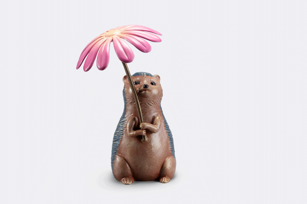 animation of garden sculpture shaped like a hedgehog holding flower blossom like an umbrella - view of all sides of sculpture