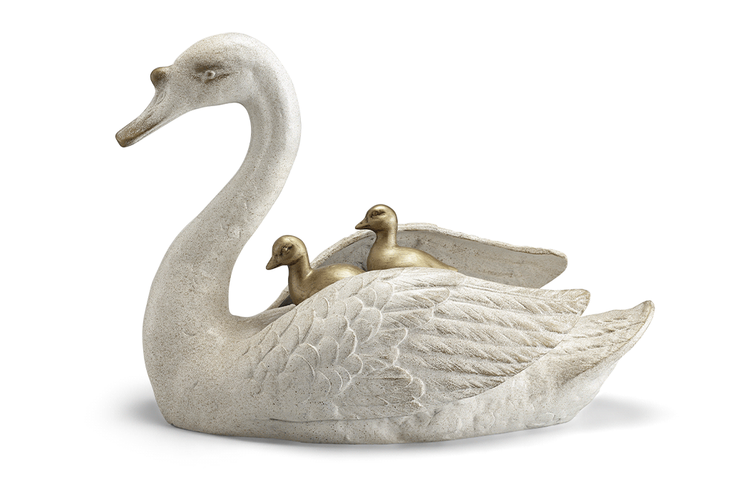 cast metal garden sculpture of mama swan with two baby cygnets nestled on her back