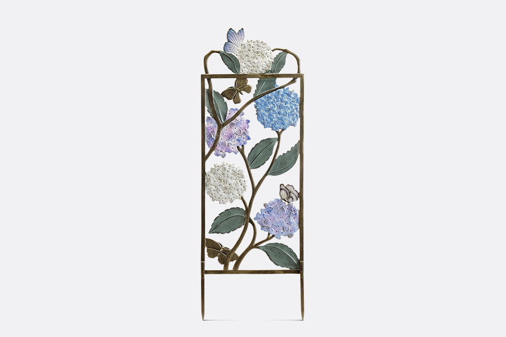 back view of Garden trellis with colored finish on both sides, features white, blue, and purple hydrangea blossoms with multi-hued butterfly accents.