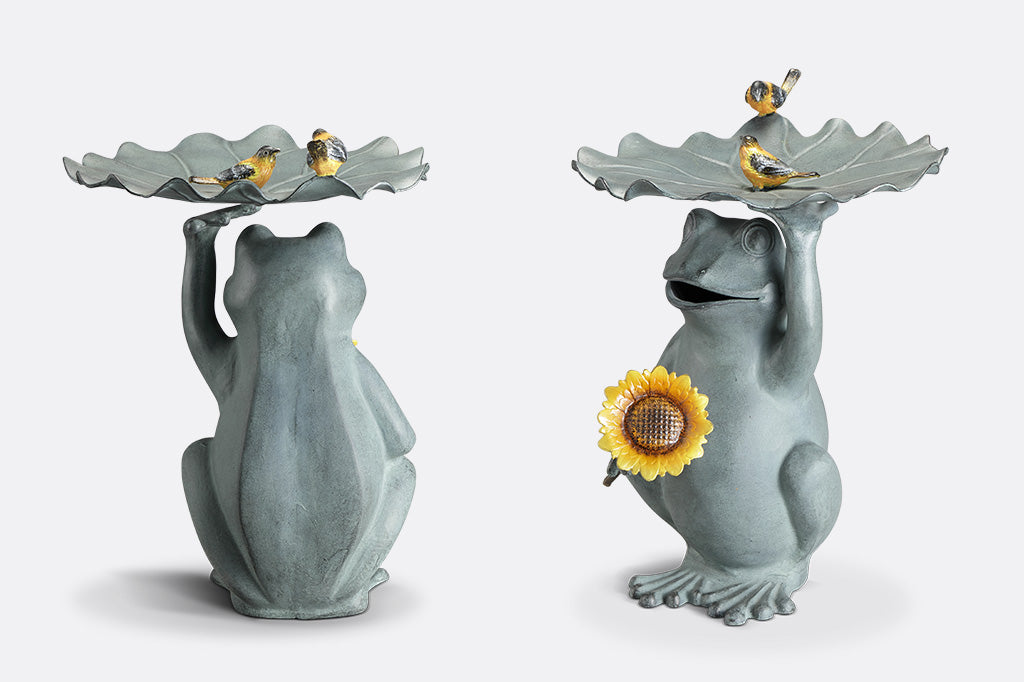 back and side view of Mr Croakly birdfeeder: Features a Frog holding a sunflower with yellow songbird accents on a lilypad basin.