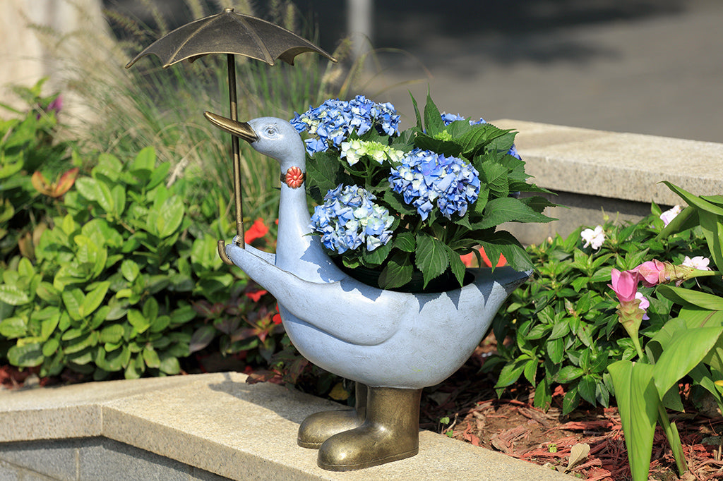 Slate blue goose planter shown holding potted hydrangeas in a garden on concrete bench. She holds an umbrella, flower choker, and rain boots.