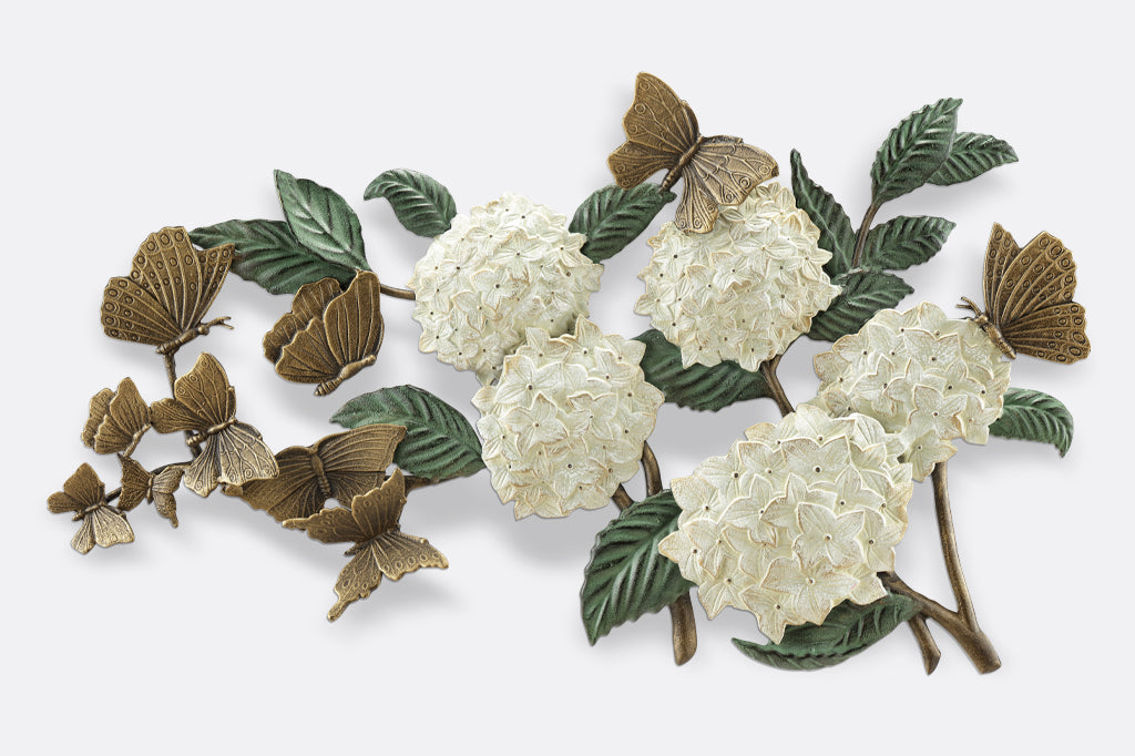 white hydrangea with bronze butterflies fluttering cast metal wall sculpture face front