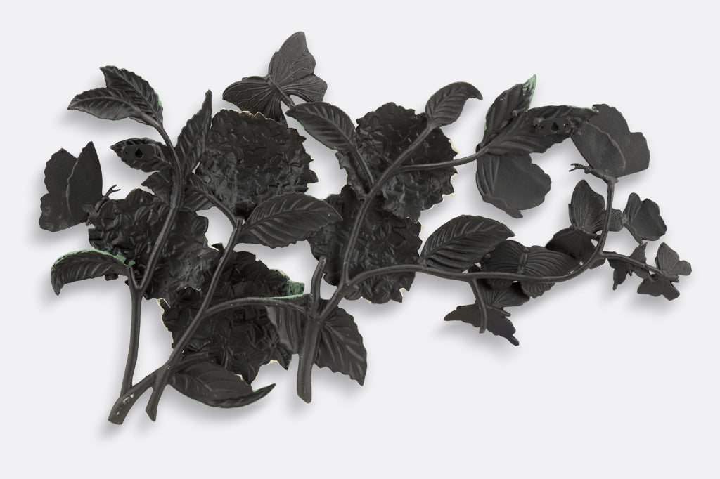 white hydrangea with bronze butterflies fluttering cast metal wall sculpture back showing wall hanging mechanism