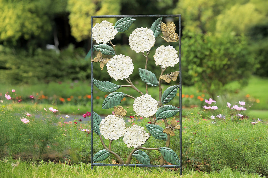 white planter trellis Hydrangea and Butterfly Trellis
