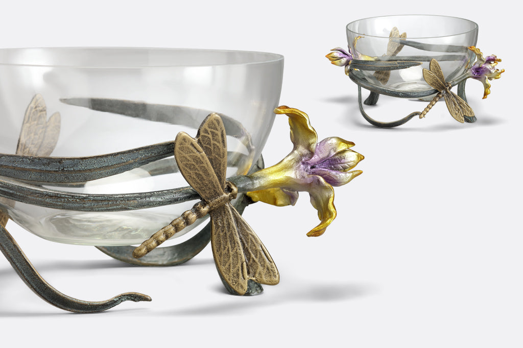cast aluminum and glass decorative bowl with purple and yellow irises with dragonflies.